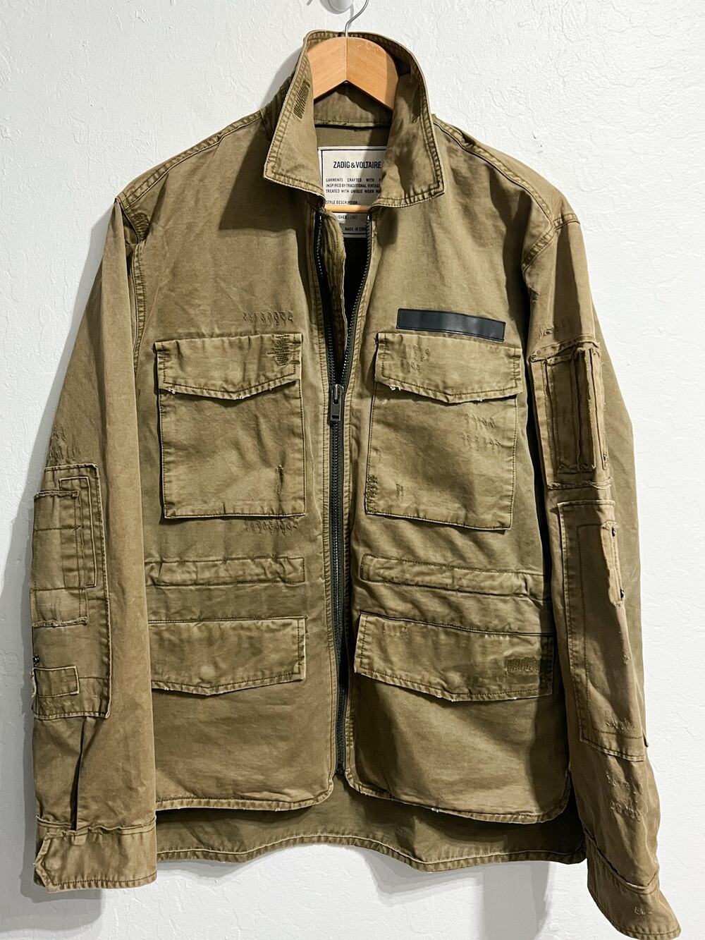 Zadig & Voltaire Jacket Mens Large Military Green Zip Bart Grunge Distress Patch